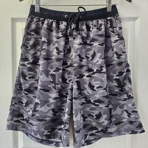 Unbranded Black & Gray Camo Print Swim Trunks Size Large.